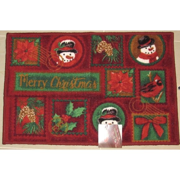 St. Nicholas Square Printed Merry Christmas Rug "Christmas Stamp" Holiday Decor - Picture 1 of 9